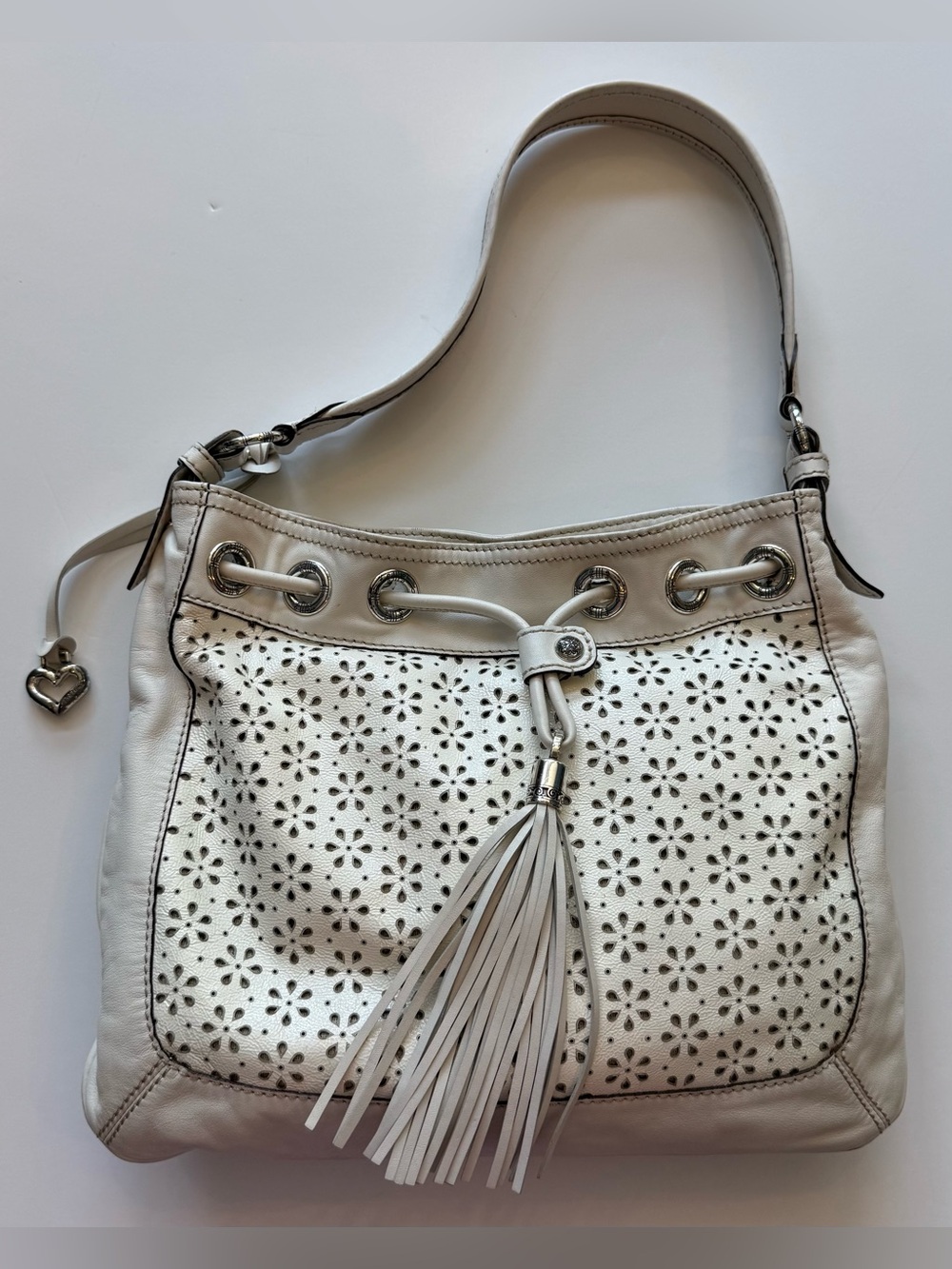 Vintage Brighton Perforated Daisy Hobo Bag White Grandma Core Tassel Drawstring